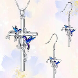 Fashionable Blue Bird & Cross Jewelry Set